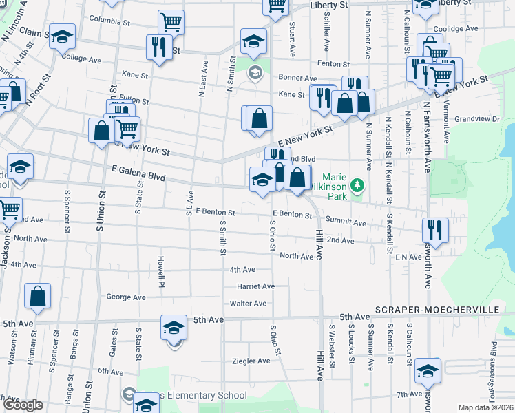 map of restaurants, bars, coffee shops, grocery stores, and more near 954 East Benton Street in Aurora