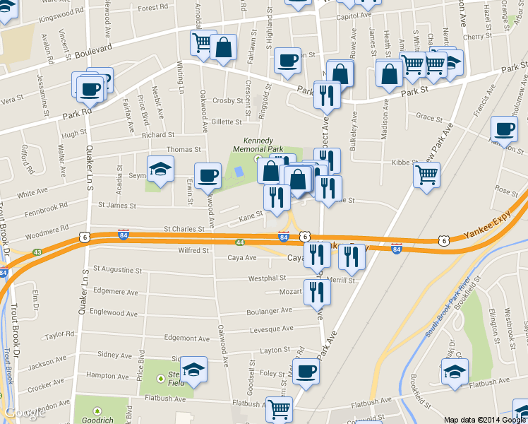 map of restaurants, bars, coffee shops, grocery stores, and more near 55 Kane Street in West Hartford