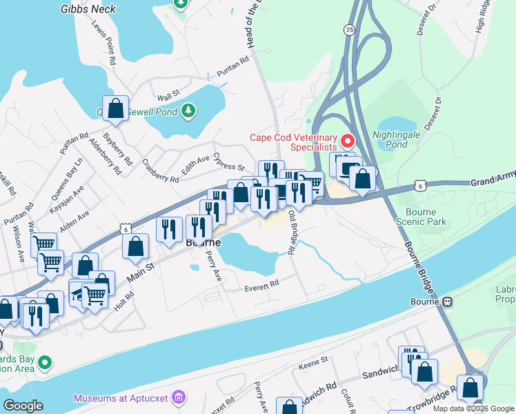 map of restaurants, bars, coffee shops, grocery stores, and more near 267 Main Street in Bourne