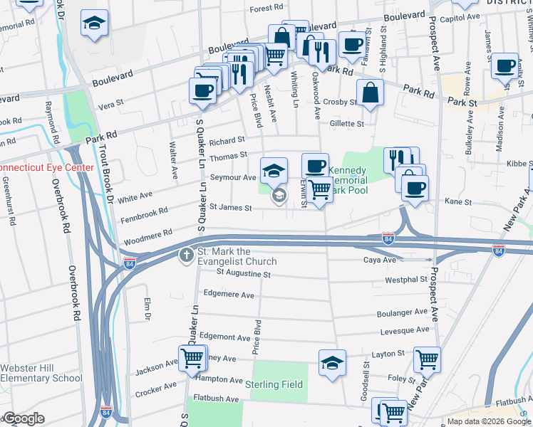 map of restaurants, bars, coffee shops, grocery stores, and more near 75 Saint James Street in West Hartford