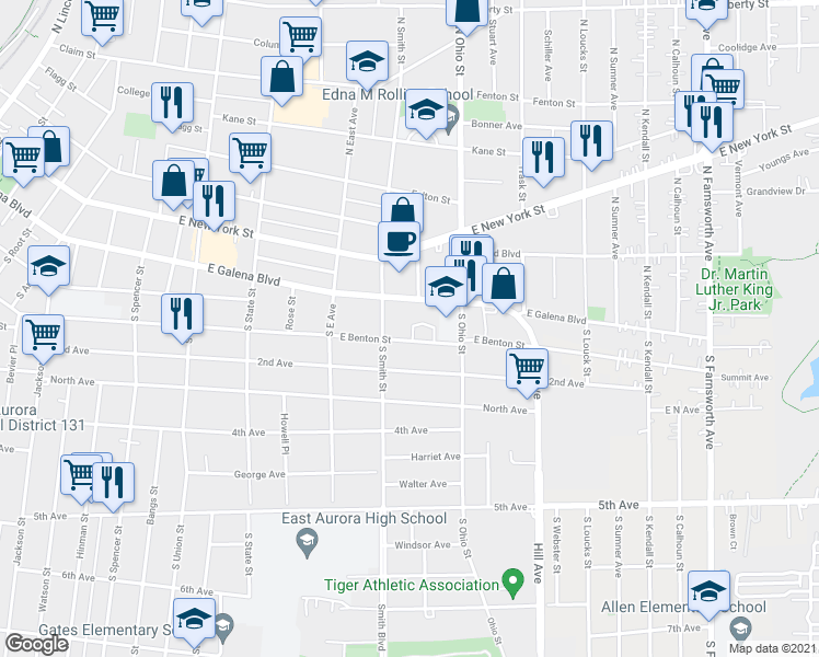 map of restaurants, bars, coffee shops, grocery stores, and more near 920 East Benton Street in Aurora