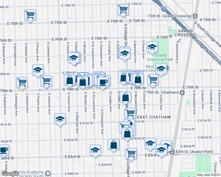 map of restaurants, bars, coffee shops, grocery stores, and more near E 79th St & S Langley Ave in Chicago