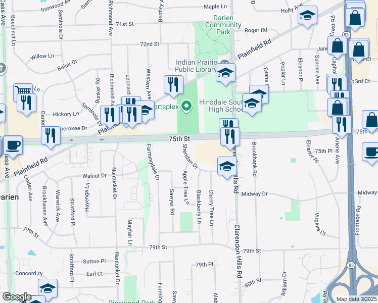 map of restaurants, bars, coffee shops, grocery stores, and more near 7525 Sheridan Drive in Willowbrook