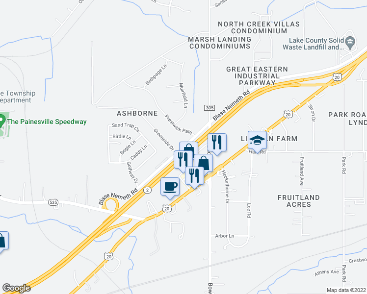 map of restaurants, bars, coffee shops, grocery stores, and more near 1733 Blase Nemeth Road in Painesville