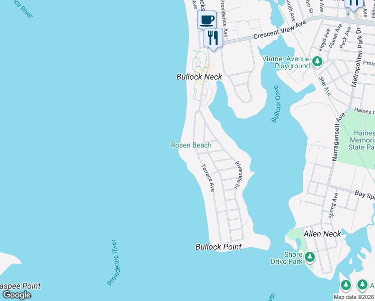 map of restaurants, bars, coffee shops, grocery stores, and more near 129 Terrace Avenue in East Providence