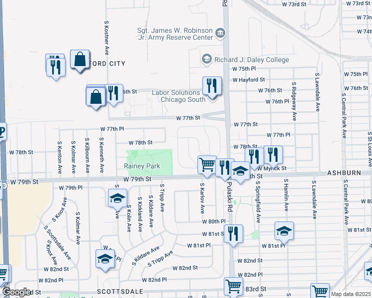 map of restaurants, bars, coffee shops, grocery stores, and more near 7824 South Kedvale Avenue in Chicago