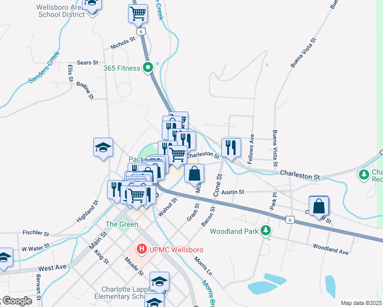 map of restaurants, bars, coffee shops, grocery stores, and more near 15 Charleston Street in Wellsboro