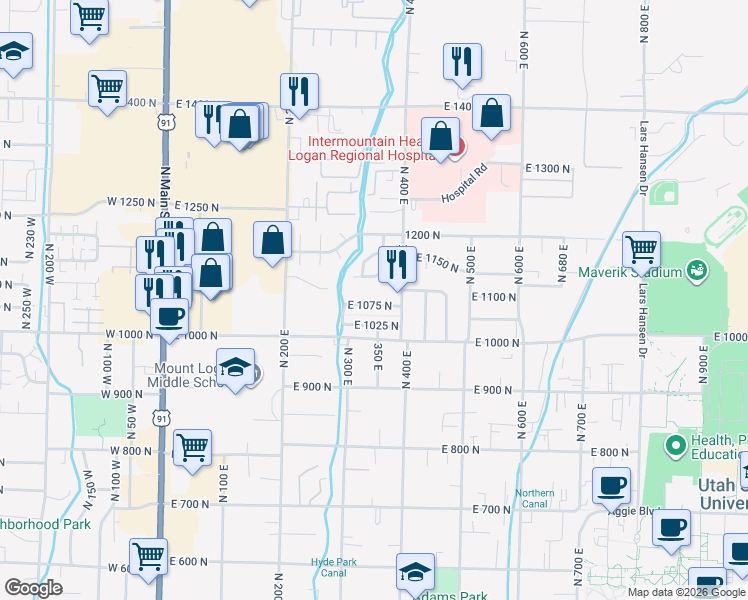 map of restaurants, bars, coffee shops, grocery stores, and more near 359 East 1075 North in Logan