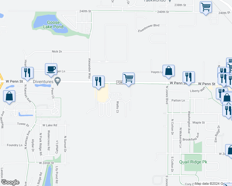 map of restaurants, bars, coffee shops, grocery stores, and more near Pond View Drive in North Liberty
