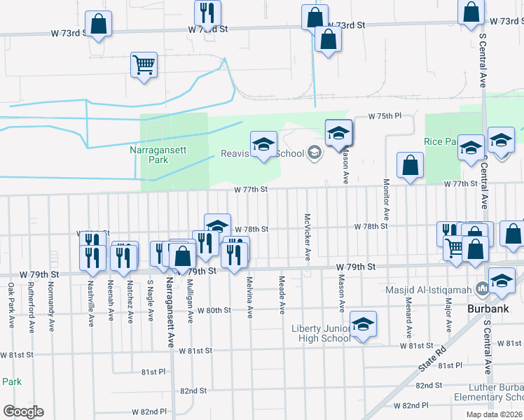 map of restaurants, bars, coffee shops, grocery stores, and more near 7741 Moody Avenue in Oak Lawn