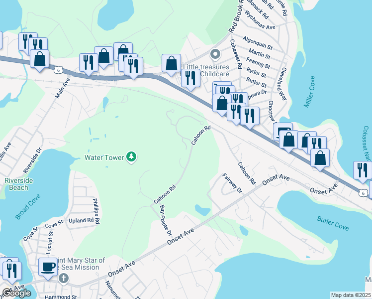 map of restaurants, bars, coffee shops, grocery stores, and more near 98 Oakmont Drive in Wareham