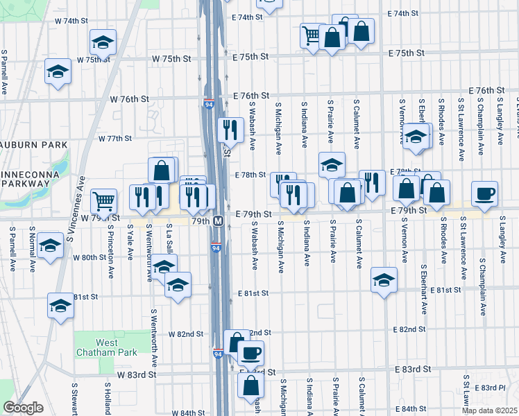 map of restaurants, bars, coffee shops, grocery stores, and more near 7841 South Wabash Avenue in Chicago