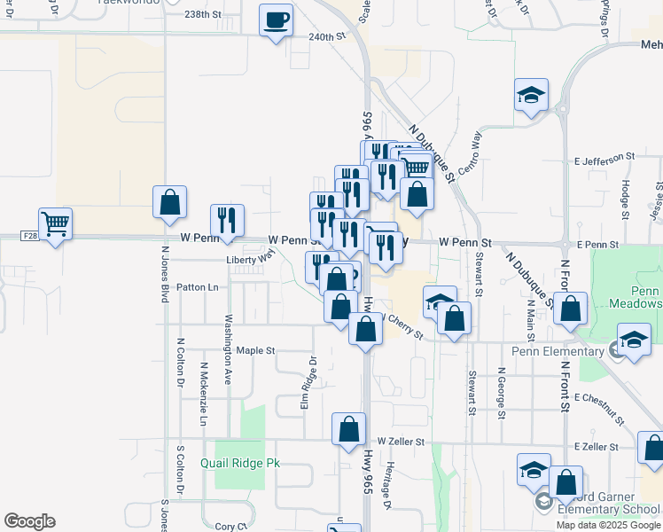 map of restaurants, bars, coffee shops, grocery stores, and more near 740 Community Drive in North Liberty