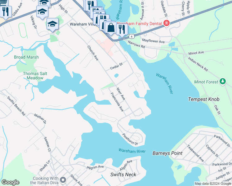 map of restaurants, bars, coffee shops, grocery stores, and more near 3 Clifford Avenue in Wareham