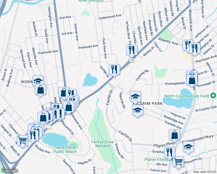 map of restaurants, bars, coffee shops, grocery stores, and more near 900 Post Road in Warwick