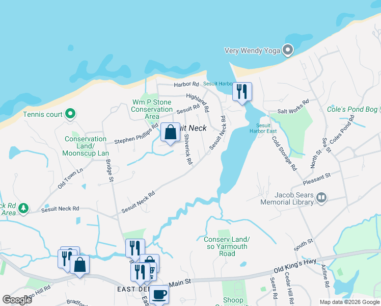 map of restaurants, bars, coffee shops, grocery stores, and more near 11 Shiverick Road in Dennis