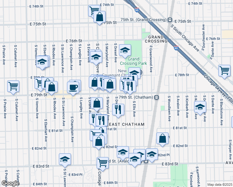 map of restaurants, bars, coffee shops, grocery stores, and more near E 79th St & S Drexel Ave in Chicago