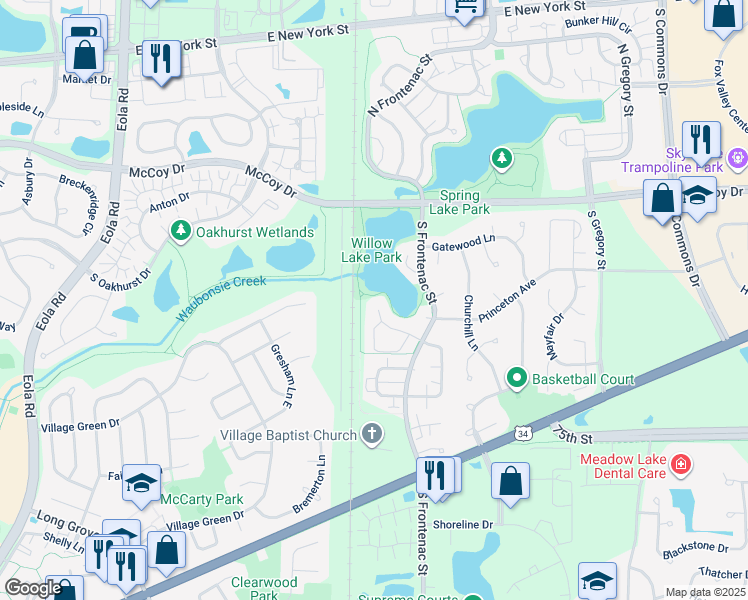 map of restaurants, bars, coffee shops, grocery stores, and more near 153 Park Ridge Court in Aurora