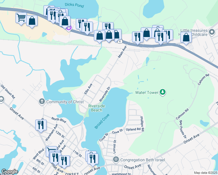 map of restaurants, bars, coffee shops, grocery stores, and more near 21 Riverside Drive in Wareham