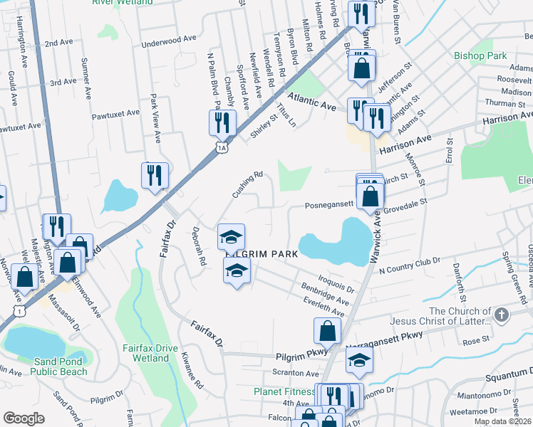 map of restaurants, bars, coffee shops, grocery stores, and more near 15 Bagley Road in Warwick