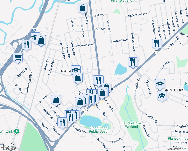 map of restaurants, bars, coffee shops, grocery stores, and more near 372 Harrington Avenue in Warwick