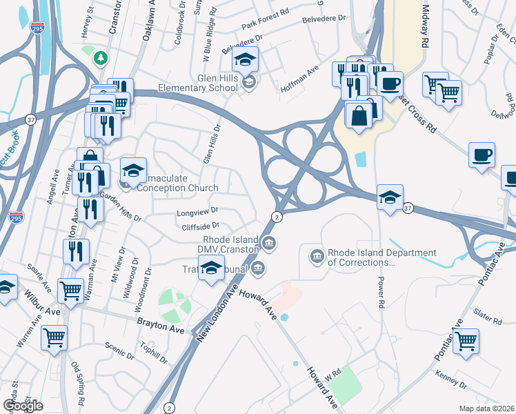 map of restaurants, bars, coffee shops, grocery stores, and more near 16 Sweetbriar Drive in Cranston