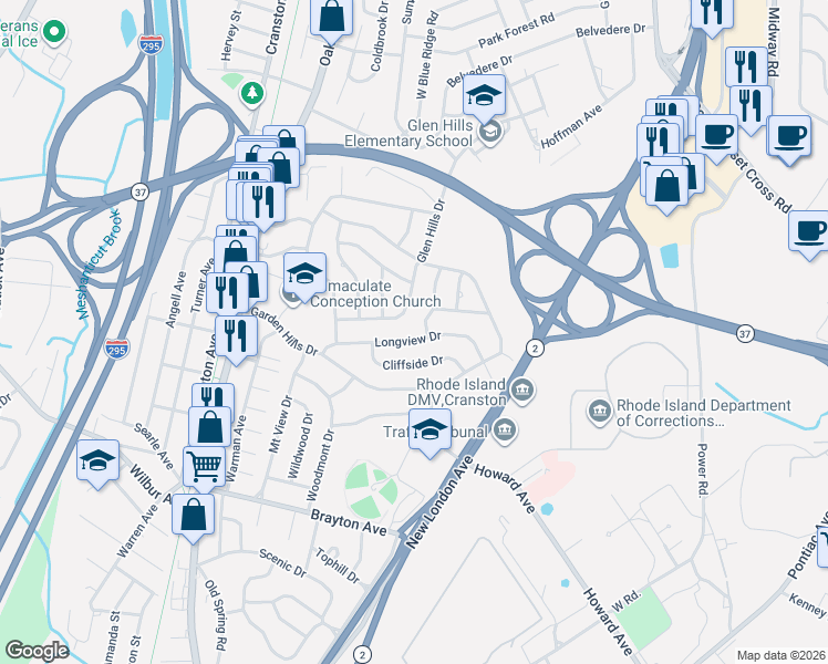 map of restaurants, bars, coffee shops, grocery stores, and more near 68 Longview Drive in Cranston