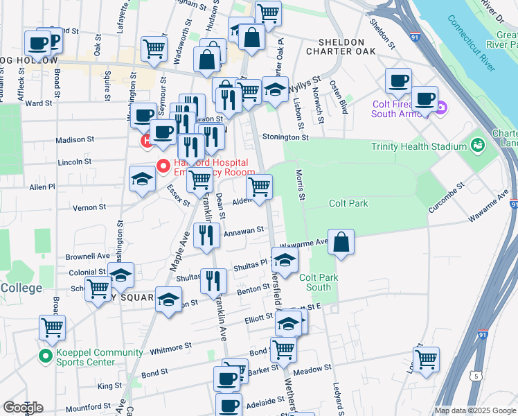 map of restaurants, bars, coffee shops, grocery stores, and more near 171 Wethersfield Avenue in Hartford