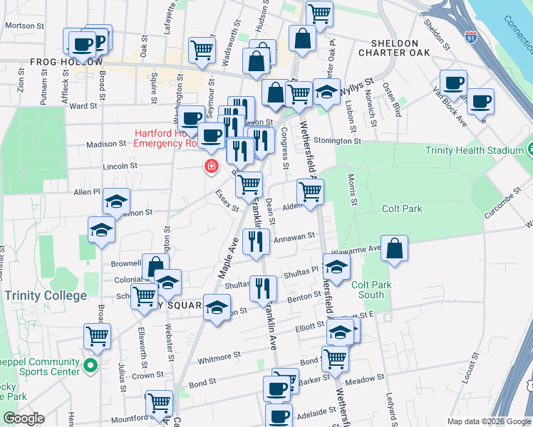 map of restaurants, bars, coffee shops, grocery stores, and more near 48 Dean Street in Hartford