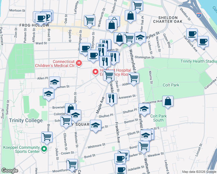 map of restaurants, bars, coffee shops, grocery stores, and more near 43 Franklin Avenue in Hartford