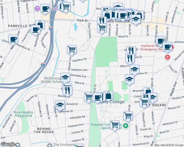 map of restaurants, bars, coffee shops, grocery stores, and more near 138-146 Vernon Street in Hartford