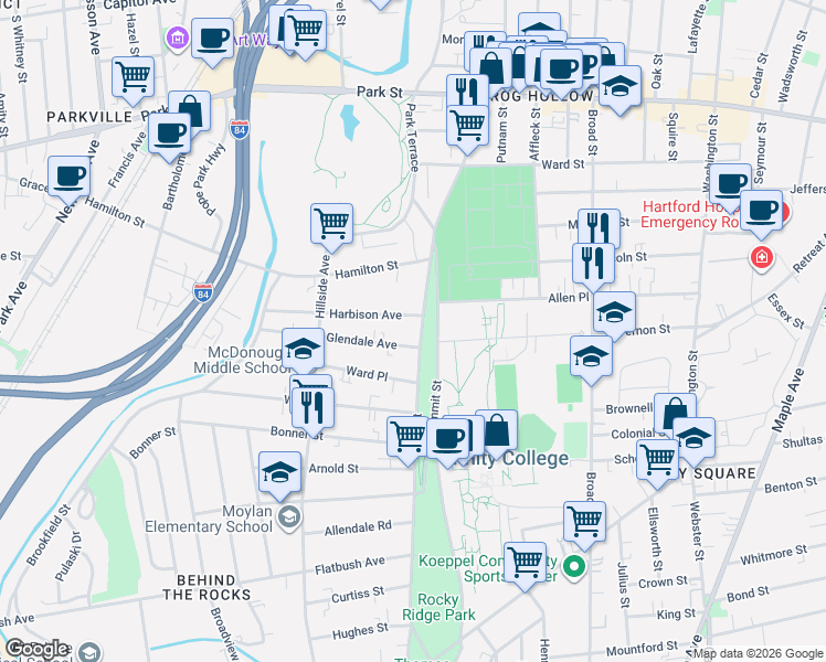 map of restaurants, bars, coffee shops, grocery stores, and more near 20 Glendale Avenue in Hartford