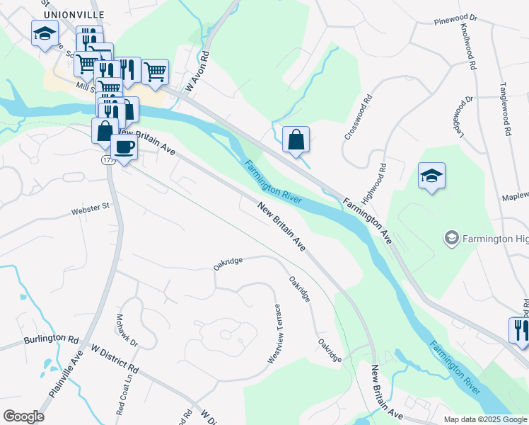 map of restaurants, bars, coffee shops, grocery stores, and more near 253 New Britain Avenue in Farmington