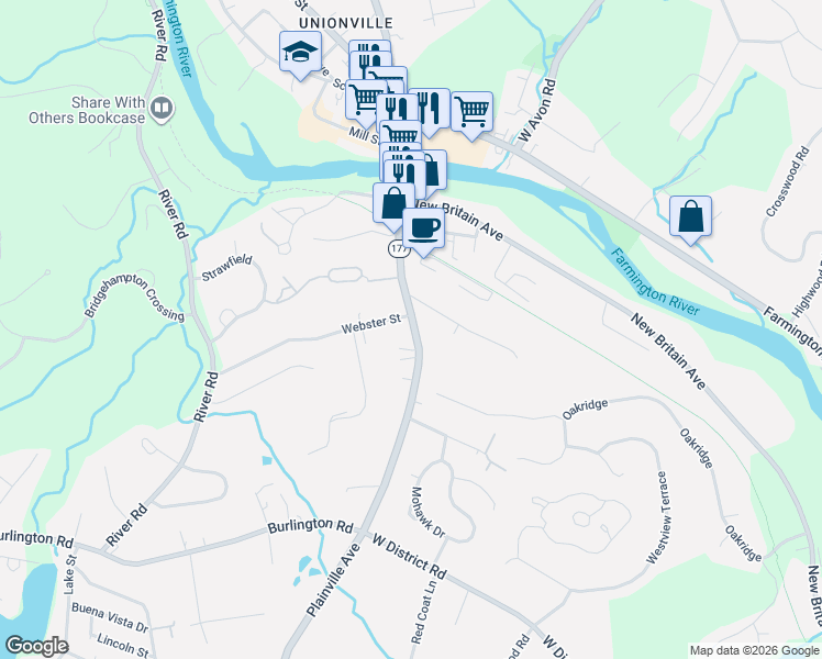 map of restaurants, bars, coffee shops, grocery stores, and more near 216 Plainville Avenue in Farmington