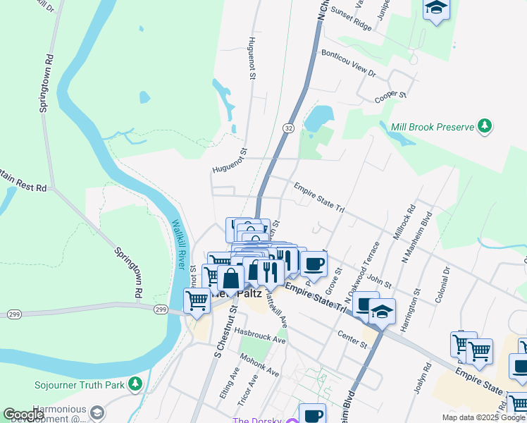 map of restaurants, bars, coffee shops, grocery stores, and more near 46 North Chestnut Street in New Paltz