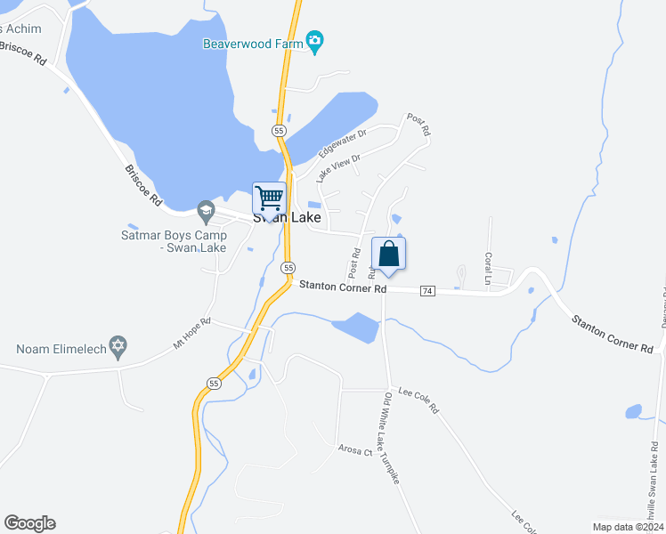 map of restaurants, bars, coffee shops, grocery stores, and more near 9 Teddy Bear Lane in Swan Lake