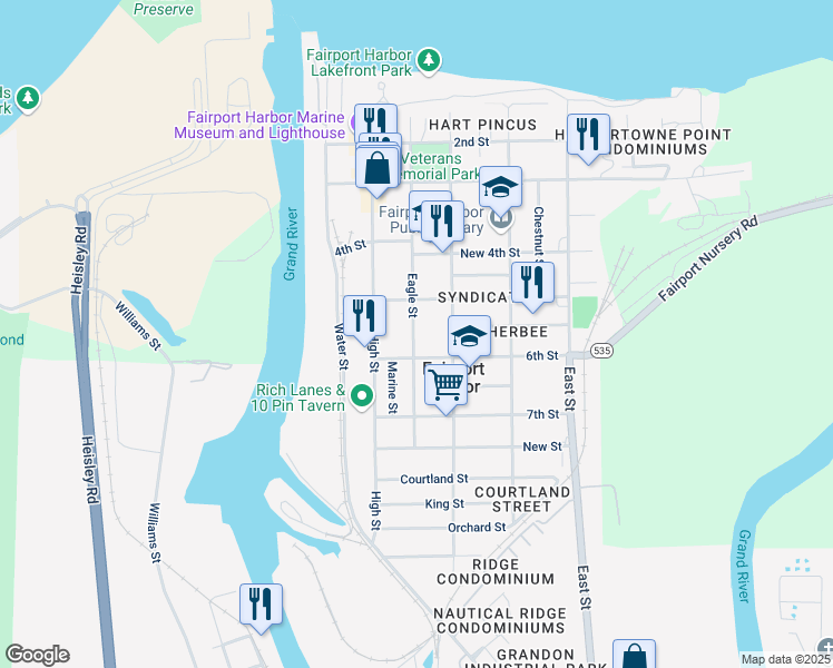 map of restaurants, bars, coffee shops, grocery stores, and more near 533 Eagle Street in Fairport Harbor
