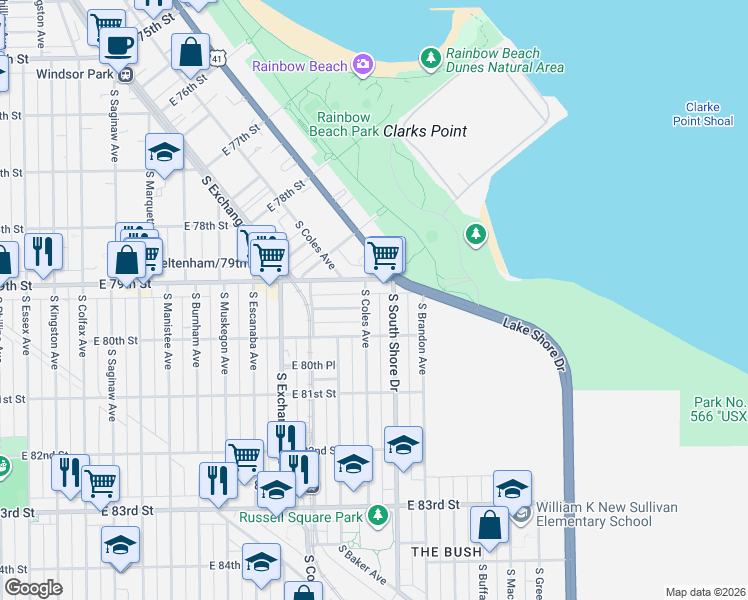 map of restaurants, bars, coffee shops, grocery stores, and more near 7929 South Coles Avenue in Chicago