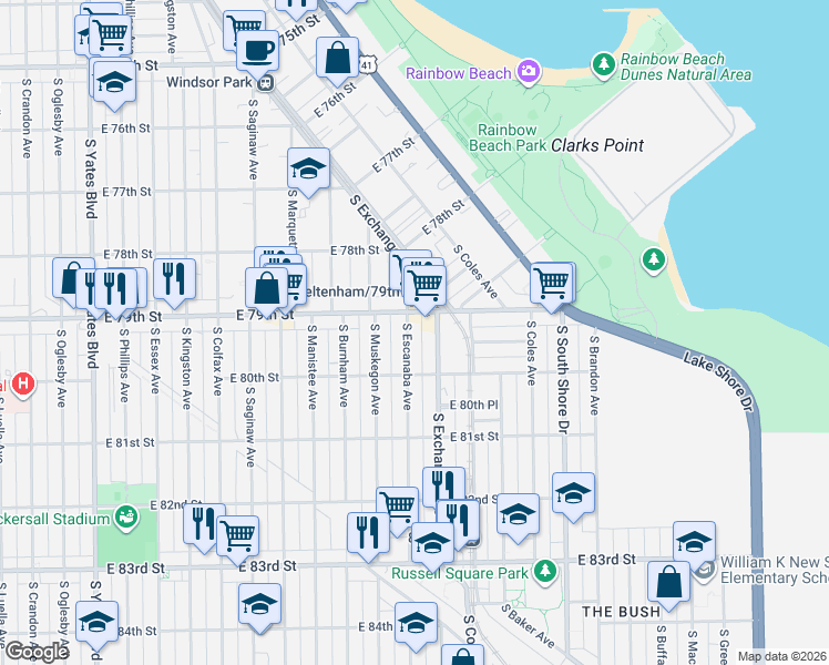 map of restaurants, bars, coffee shops, grocery stores, and more near 7927 South Escanaba Avenue in Chicago