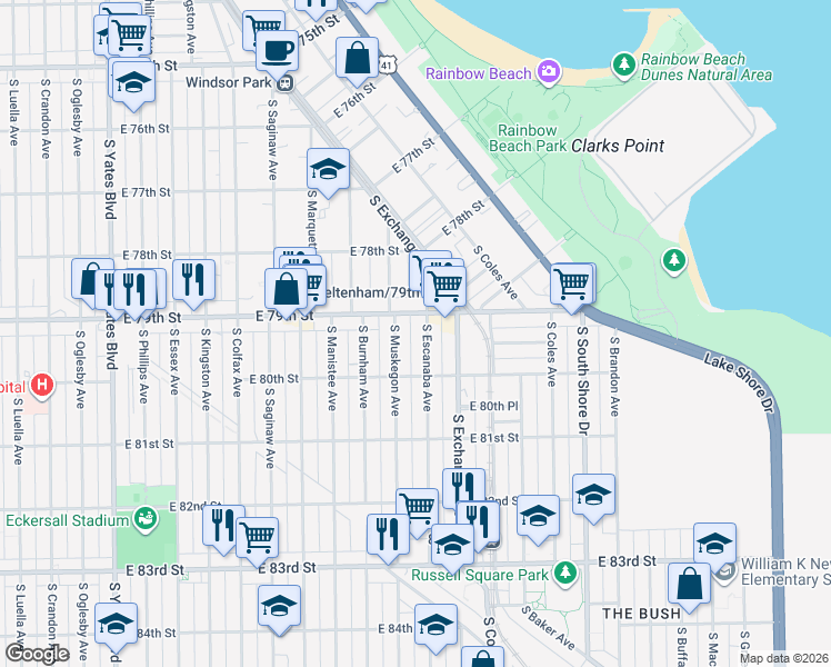 map of restaurants, bars, coffee shops, grocery stores, and more near 7929 South Muskegon Avenue in Chicago