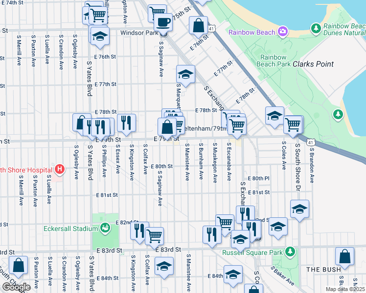 map of restaurants, bars, coffee shops, grocery stores, and more near 7926 South Manistee Avenue in Chicago