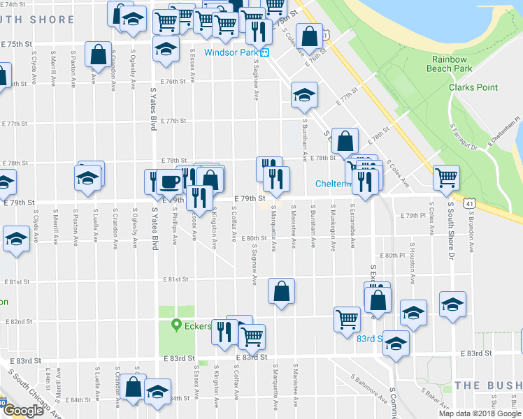 map of restaurants, bars, coffee shops, grocery stores, and more near 7926 South Marquette Avenue in Chicago