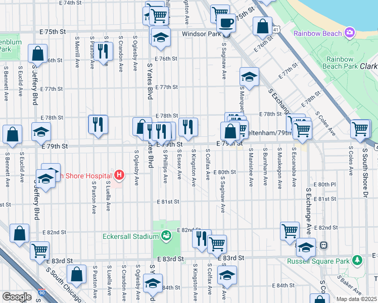 map of restaurants, bars, coffee shops, grocery stores, and more near 7923 South Kingston Avenue in Chicago