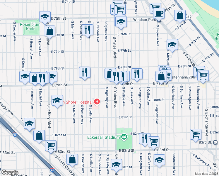 map of restaurants, bars, coffee shops, grocery stores, and more near 7921 South Oglesby Avenue in Chicago