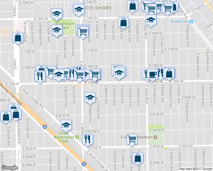 map of restaurants, bars, coffee shops, grocery stores, and more near 7923 South Clyde Avenue in Chicago