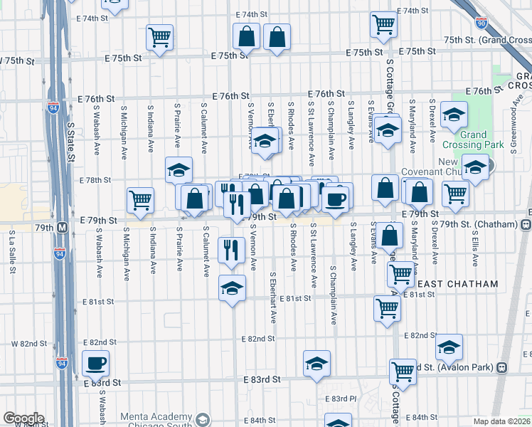 map of restaurants, bars, coffee shops, grocery stores, and more near 458 East 79th Street in Chicago