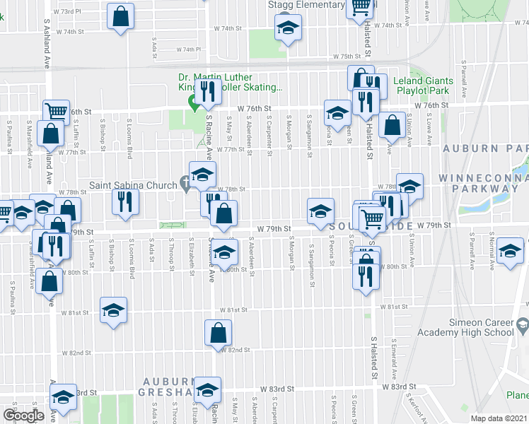 map of restaurants, bars, coffee shops, grocery stores, and more near 7845 South Aberdeen Street in Chicago