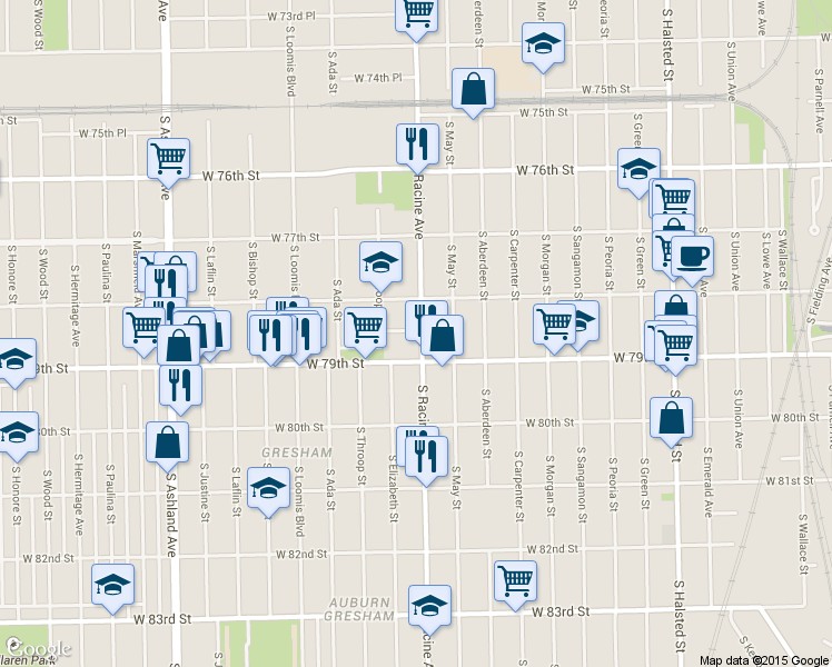 map of restaurants, bars, coffee shops, grocery stores, and more near 7844 South Racine Avenue in Chicago