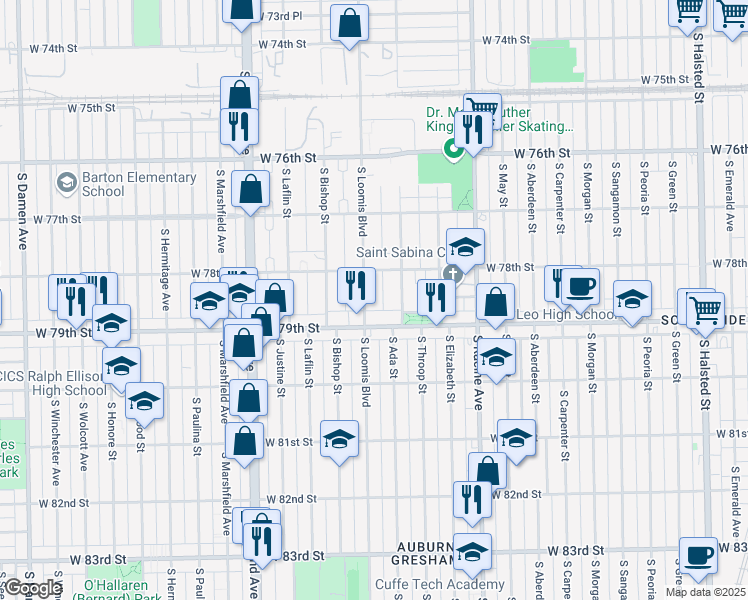 map of restaurants, bars, coffee shops, grocery stores, and more near 7847 South Loomis Boulevard in Chicago