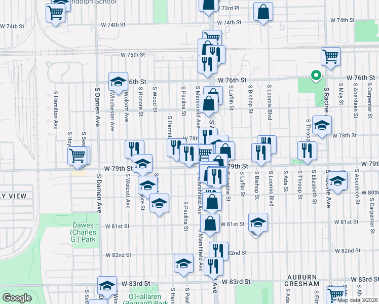 map of restaurants, bars, coffee shops, grocery stores, and more near 7836 South Paulina Street in Chicago